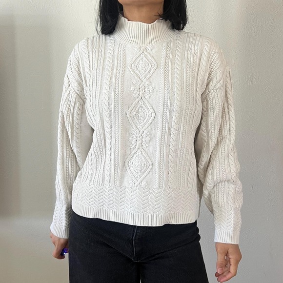 Vintage White Cable Knit Turtleneck Sweater Cozy Classic - Picture 2 of 11